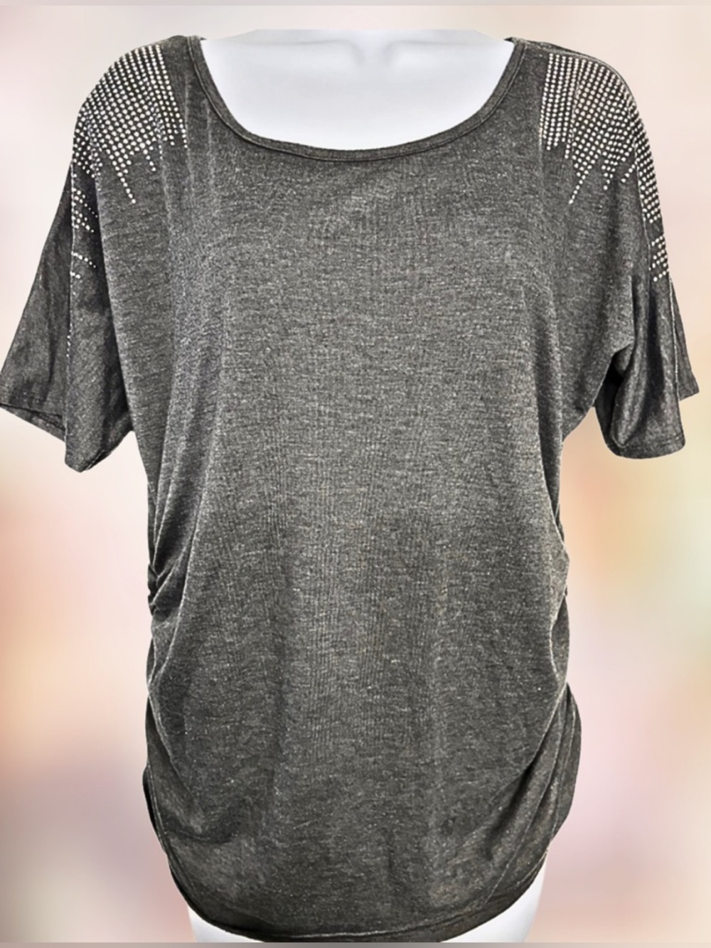 EXPRESSO TOP Knit Gray With Silver Beaded Accented Shoulders Womens Size Medium